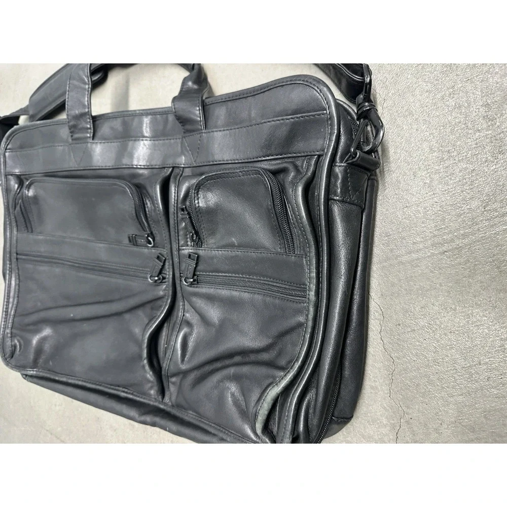 TUMI Alpha Black Nappa Leather Expandable Briefcase Laptop Bag Shoulder Strap